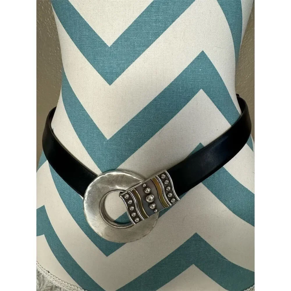 Chico's Vintage Black Leather Western Belt Silver Buckle Unisex M